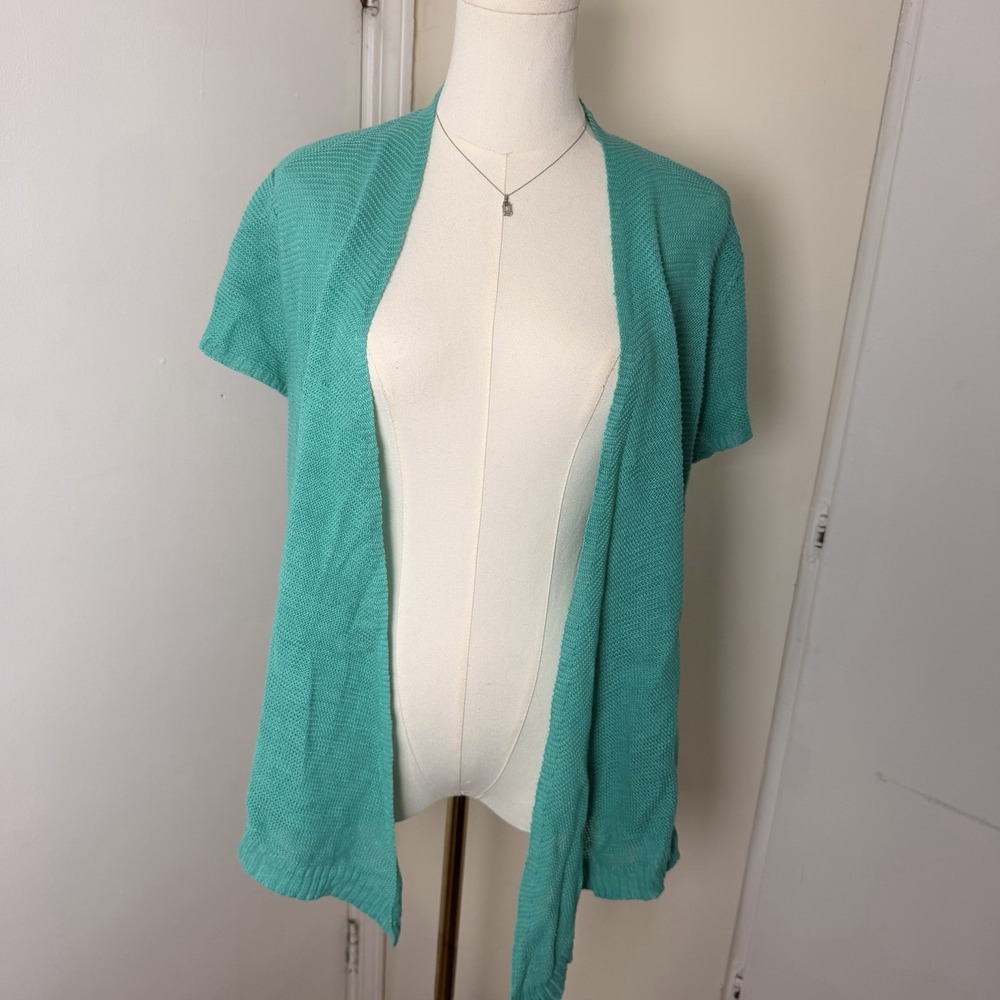 Eileen Fisher Teal Open Front Knit Cardigan Sweater Long Sleeve Size M 100%Linen